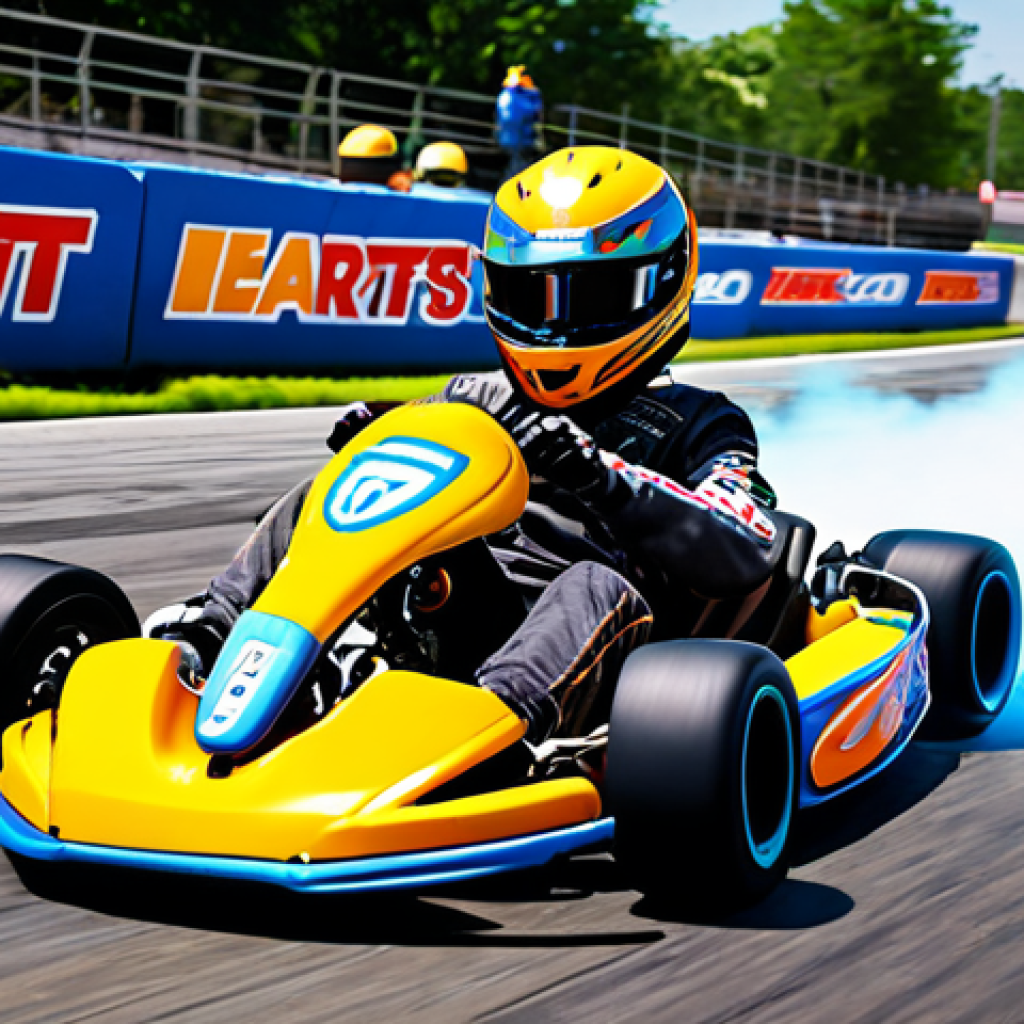 **

A vibrant, action-packed scene from a KartRider race. Focus on a kart drifting around a sharp turn, leaving behind tire marks and a burst of speed effect. The kart should be brightly colored with eye-catching decals, showcasing customization options. Include other karts in the background, suggesting a competitive race environment.

**