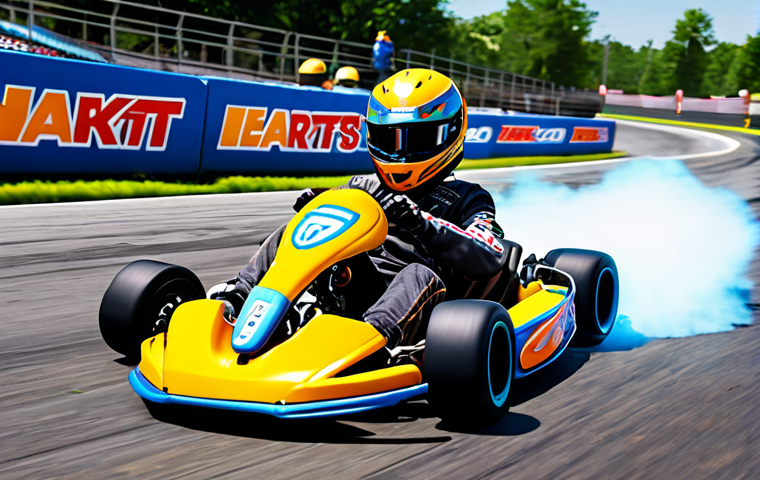 **
A vibrant, action-packed scene from a KartRider race. Focus on a kart drifting around a sharp turn, leaving behind tire marks and a burst of speed effect. The kart should be brightly colored with eye-catching decals, showcasing customization options. Include other karts in the background, suggesting a competitive race environment.
**
