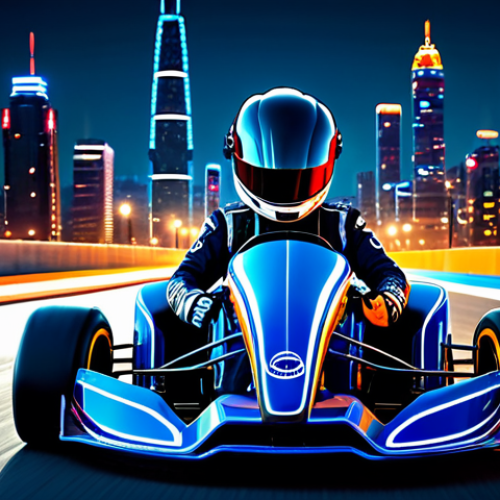 A professional race car driver, fully clothed in a modest, high-tech racing suit with a sleek helmet, sits confidently in a futuristic racing kart on a new, brightly lit urban race track inspired by 'Moonlit Metropolis'. The background features glowing cityscapes and intricate track design, conveying a sense of speed and excitement. Professional photography, dynamic lighting, perfect anatomy, correct proportions, natural pose, well-formed hands, proper finger count, natural body proportions, safe for work, appropriate content, family-friendly.