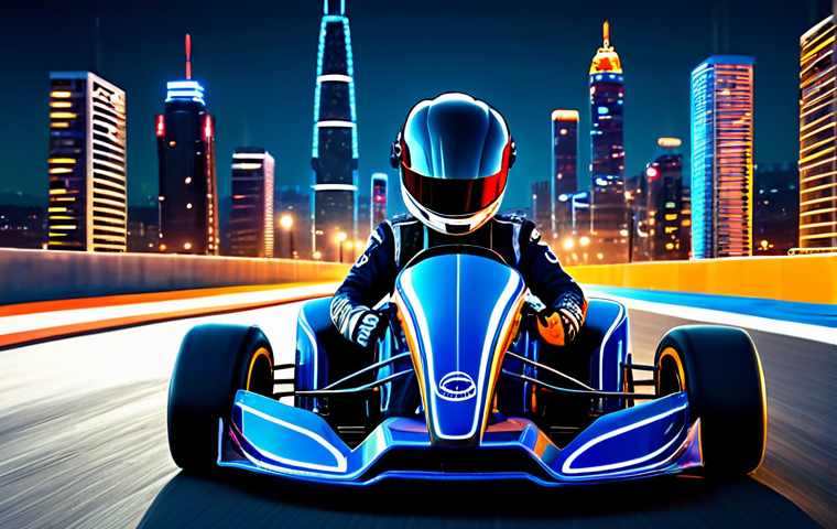 A professional race car driver, fully clothed in a modest, high-tech racing suit with a sleek helmet, sits confidently in a futuristic racing kart on a new, brightly lit urban race track inspired by 'Moonlit Metropolis'. The background features glowing cityscapes and intricate track design, conveying a sense of speed and excitement. Professional photography, dynamic lighting, perfect anatomy, correct proportions, natural pose, well-formed hands, proper finger count, natural body proportions, safe for work, appropriate content, family-friendly.
