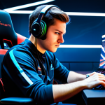 A professional e-sports athlete, fully clothed in a sleek, modest team jersey and professional gaming headset, seated in an ergonomic gaming chair within a futuristic, illuminated e-sports arena. The athlete's face shows intense concentration and strategic focus, with their hands expertly positioned on a gaming controller. Dynamic, abstract digital graphics representing racing lines and speed are visible on large, blurred screens in the background. Appropriate attire, safe for work, perfect anatomy, correct proportions, natural pose, well-formed hands, proper finger count, natural body proportions, professional photography, high quality, family-friendly content.