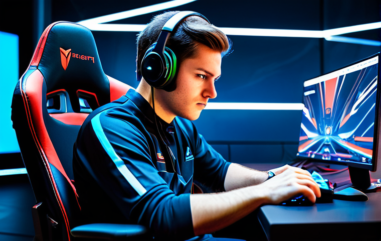 A professional e-sports athlete, fully clothed in a sleek, modest team jersey and professional gaming headset, seated in an ergonomic gaming chair within a futuristic, illuminated e-sports arena. The athlete's face shows intense concentration and strategic focus, with their hands expertly positioned on a gaming controller. Dynamic, abstract digital graphics representing racing lines and speed are visible on large, blurred screens in the background. Appropriate attire, safe for work, perfect anatomy, correct proportions, natural pose, well-formed hands, proper finger count, natural body proportions, professional photography, high quality, family-friendly content.