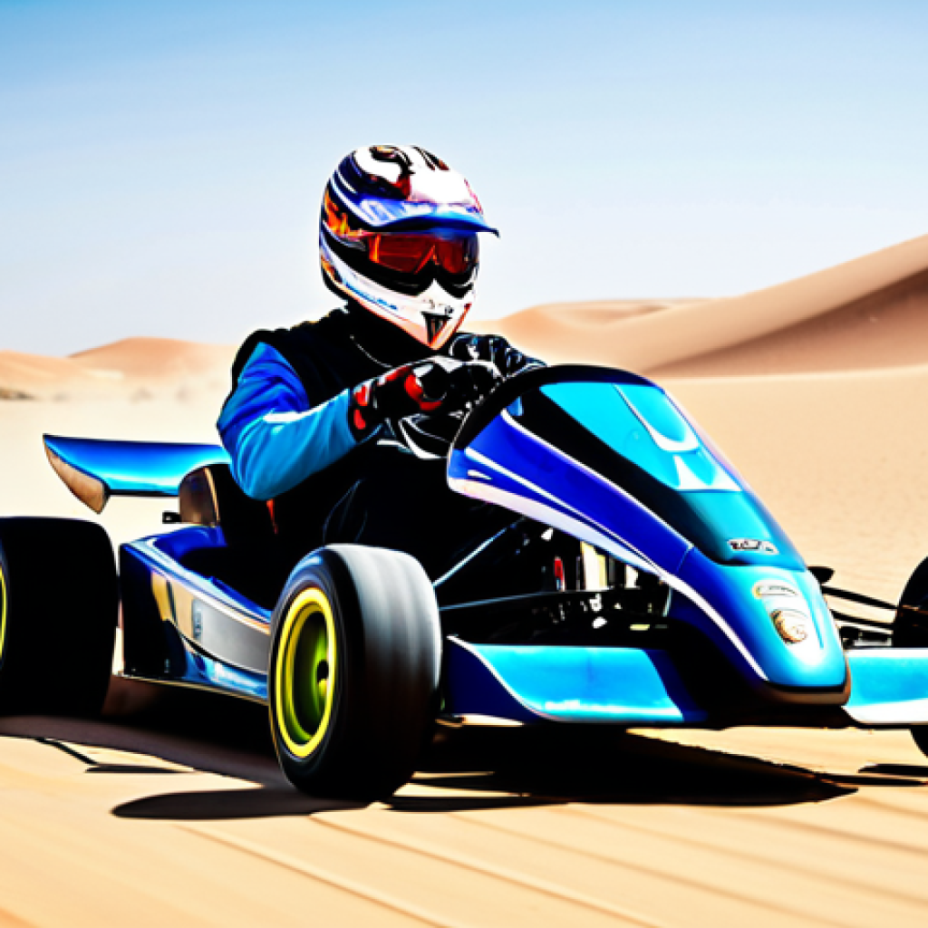A sleek, futuristic racing kart with a fully clothed, professional driver in a race suit, expertly drifting through a dynamic desert oasis track. Giant sand dunes are visibly shifting and reforming around the kart, creating new paths and hazards. The scene is illuminated by bright desert sunlight, with a clear sky above, capturing a moment of high-speed action. This image should be in a professional photography style with vibrant colors. safe for work, appropriate content, fully clothed, modest clothing, perfect anatomy, correct proportions, natural pose, well-formed hands, proper finger count, natural body proportions.