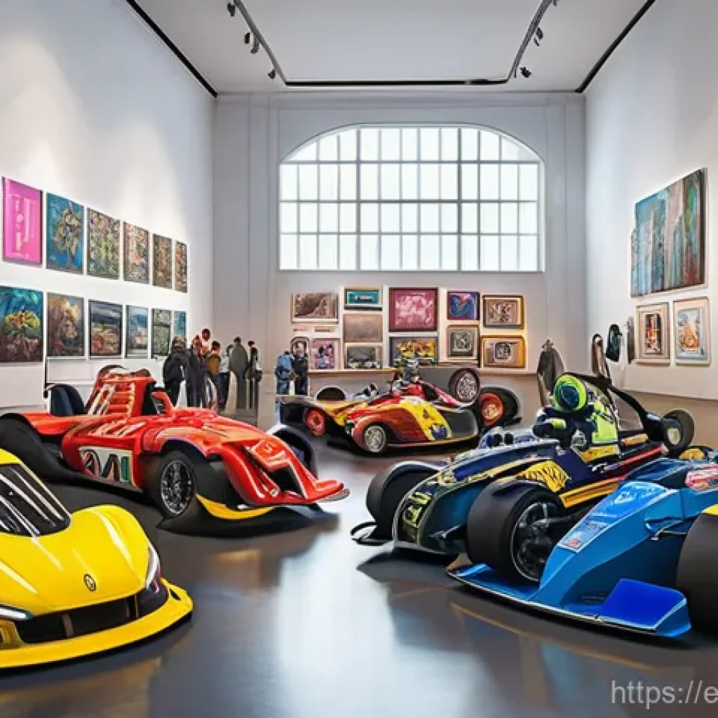 카트라이더 팬아트 이벤트의 특별한 이야기 - **A Vibrant Fan Art Gallery:** A bustling, brightly lit indoor exhibition hall filled with KartRider...