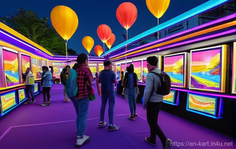 카트라이더 팬아트 대회와 유저 인터뷰 - **Vibrant Fan Art Festival:** A bustling, open-air digital art showcase for KartRider fan art. The s...