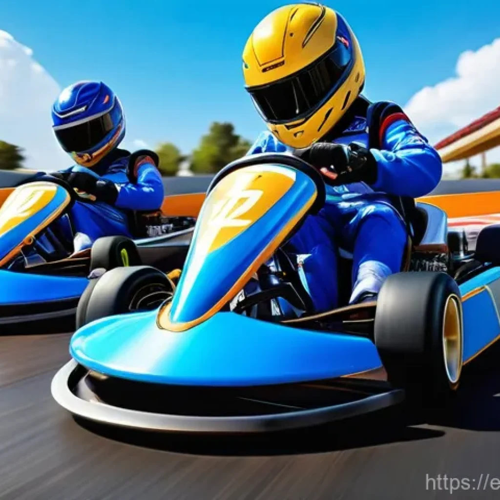 카트라이더 초보 유저를 위한 팀플레이 비결 - **Prompt:** A dynamic, wide shot of four diverse KartRider characters in distinct, vibrant racing ka...