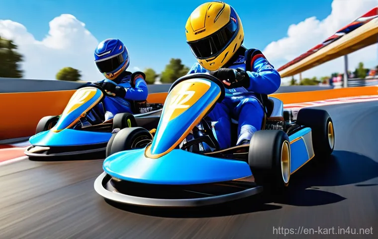 카트라이더 초보 유저를 위한 팀플레이 비결 - **Prompt:** A dynamic, wide shot of four diverse KartRider characters in distinct, vibrant racing ka...