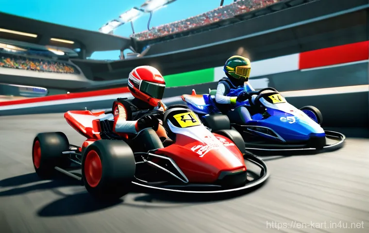 카트라이더 초보 유저를 위한 팀플레이 비결 - **Prompt:** A dynamic, wide shot of four diverse KartRider characters in distinct, vibrant racing ka...