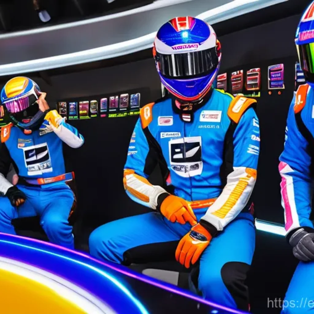 카트라이더 이벤트 보상 분석 - A group of diverse young adult racers, all wearing brightly colored, futuristic racing suits and pro...