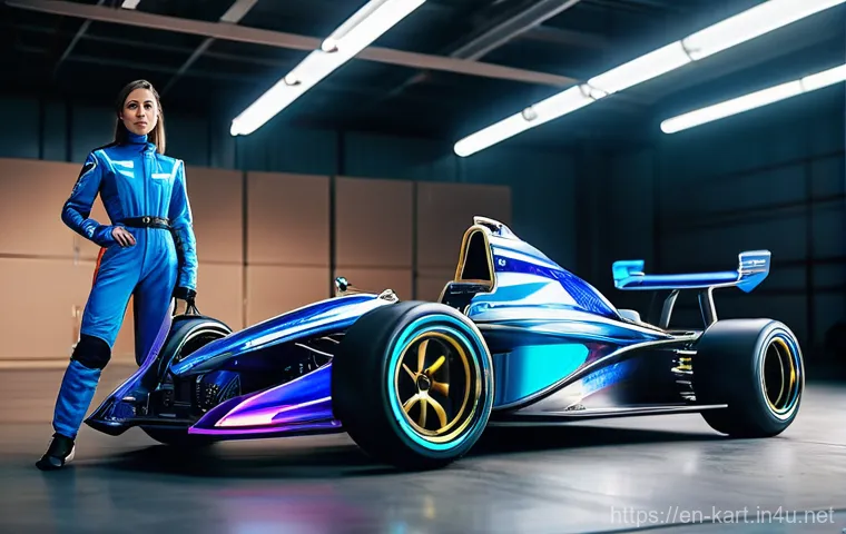 카트라이더 이벤트 보상 분석 - A group of diverse young adult racers, all wearing brightly colored, futuristic racing suits and pro...