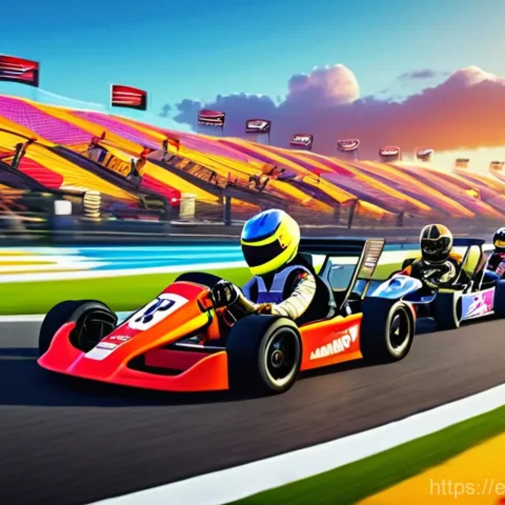 카트라이더 글로벌 출시 준비 - **Prompt 1: Farewell Drift at Sunset**
    A vibrant, cinematic illustration depicting a diverse gro...
