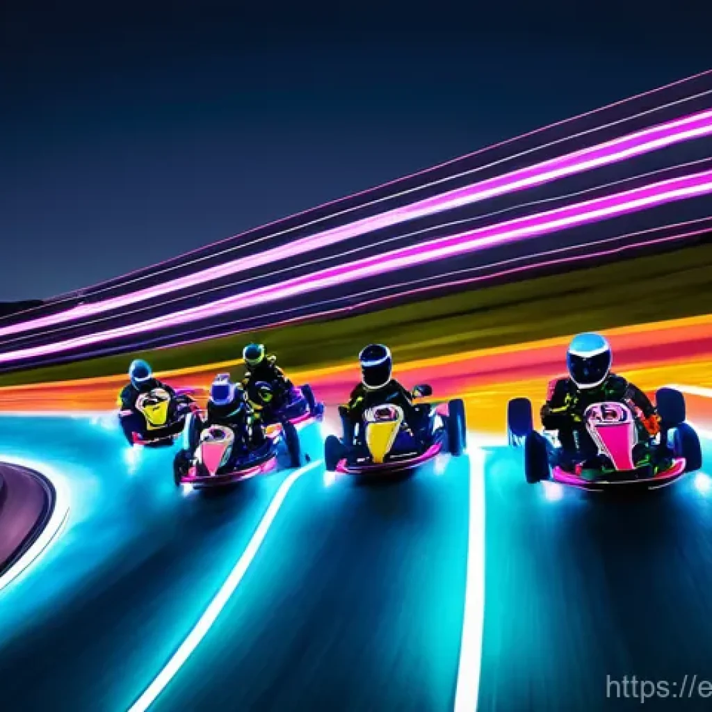 카트라이더 신규 출시 트랙 비평 - **Neon Highlands Race:** A high-octane racing scene on a futuristic track named "Neon Highlands." Th...