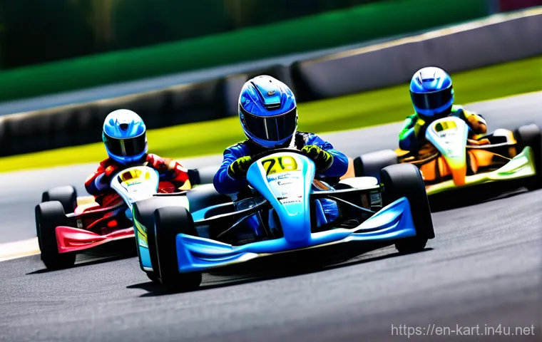 카트라이더 팀플레이와 전략적 사고 - **Prompt:** A dynamic, wide-angle shot of four professional kart racers, each wearing a vibrant, ful...