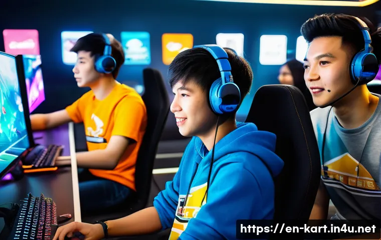 카트라이더 글로벌 커뮤니티 - **Global Gaming Family:** A vibrant, diverse group of young adult male and female gamers, aged 18-25...