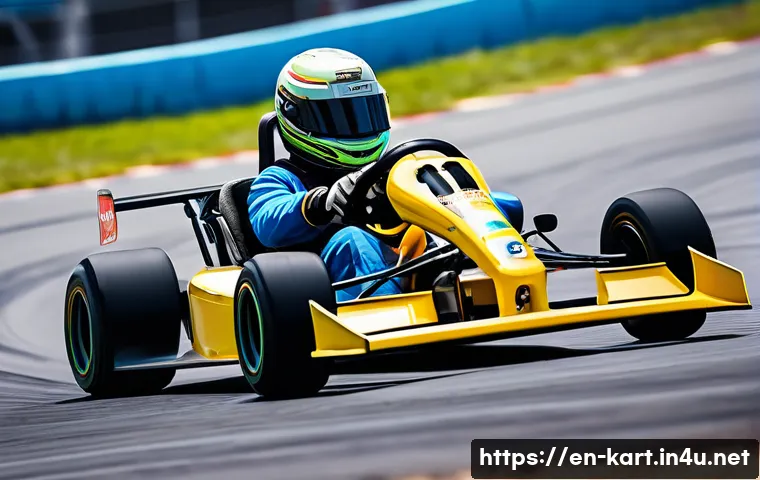 카트라이더 트릭 성공률 높이기 - A high-speed kart racing scene featuring a sleek, futuristic kart drifting sharply around a tight ha...