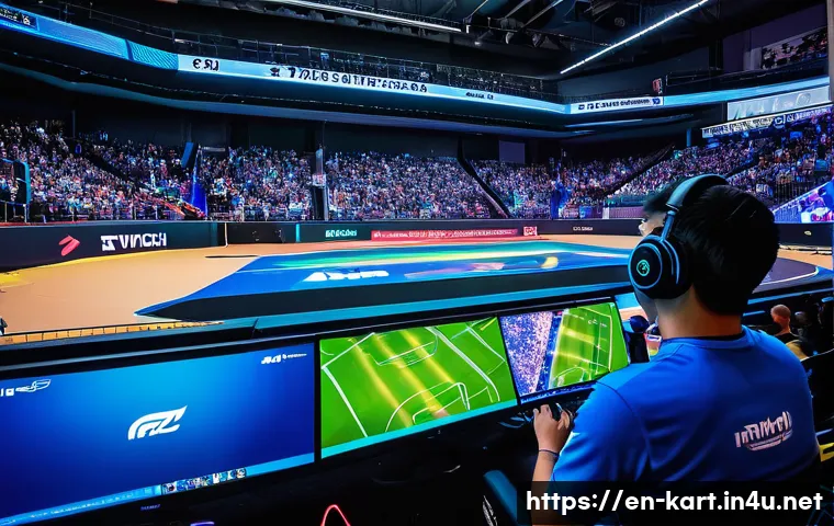 카트라이더 리그 중계 일정 - A vibrant esports arena filled with enthusiastic fans watching a live KartRider League match on a gi...