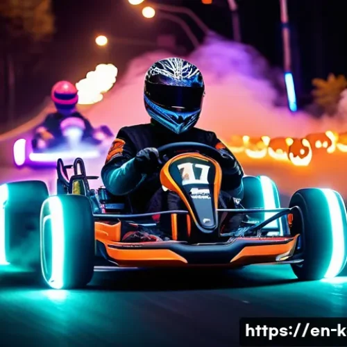카트라이더 초보 유저의 이벤트 활용 - A vibrant and dynamic scene of a futuristic kart race during a Halloween-themed seasonal event, feat...