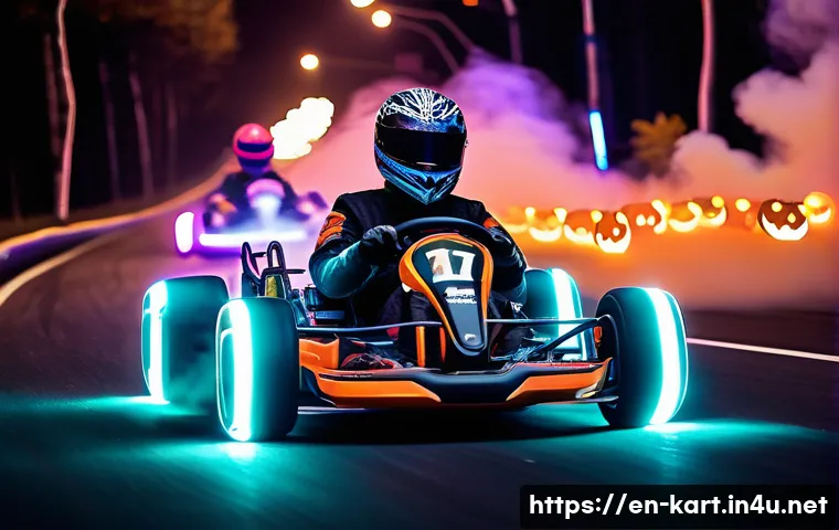 카트라이더 초보 유저의 이벤트 활용 - A vibrant and dynamic scene of a futuristic kart race during a Halloween-themed seasonal event, feat...