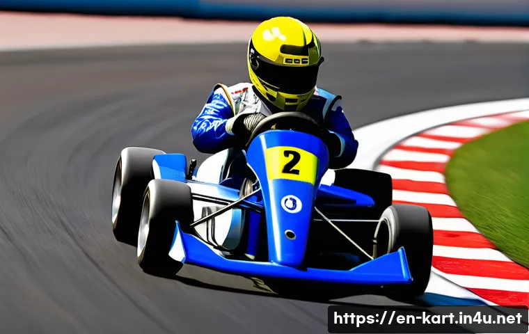 카트라이더 초보 유저를 위한 트랙별 공략 - 12s” pop-up, and a faint ghost-line showing the ideal racing line. Lighting: warm late-afternoon sun...