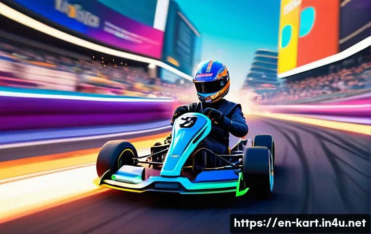 카트라이더 기술 팁과 트릭 - A dynamic racing scene in a vibrant, futuristic kart racing game environment, featuring a stylish ka...