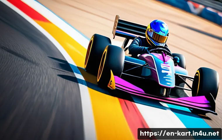 카트라이더 레이싱 대회 리뷰 - A high-energy esports kart racing scene set on a vibrant, futuristic track featuring sharp corners, ...