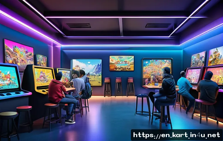 카트라이더 신규 유저와 팬아트 대회의 성장 이야기 - A vibrant digital art contest scene showing diverse players of various ethnicities and ages, all wea...