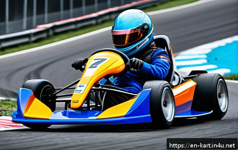 카트라이더 플레이 비법 - A dynamic close-up scene of a futuristic kart racing on a twisty, technical track, expertly initiati...