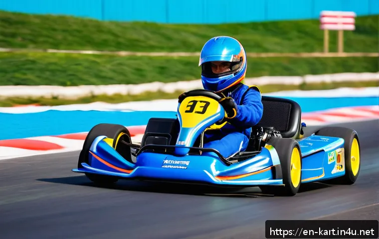카트라이더 초보자용 레이싱 기초 - A dynamic kart racing scene on a sunny outdoor track featuring a young adult driver wearing a full r...