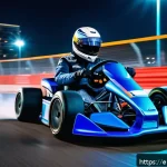 카트라이더 드리프트 전문가의 조언 - A dynamic scene of a futuristic kart racer executing a precise drift around a sharp corner on a vibr...