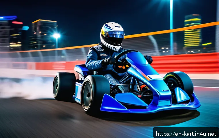 카트라이더 드리프트 전문가의 조언 - A dynamic scene of a futuristic kart racer executing a precise drift around a sharp corner on a vibr...