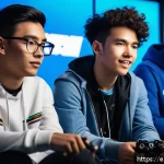 카트라이더 팀플 전략 가이드 - A dynamic esports team huddle before a high-stakes kart racing tournament, featuring diverse young a...