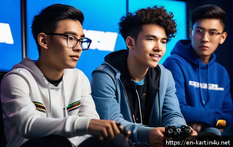 카트라이더 팀플 전략 가이드 - A dynamic esports team huddle before a high-stakes kart racing tournament, featuring diverse young a...