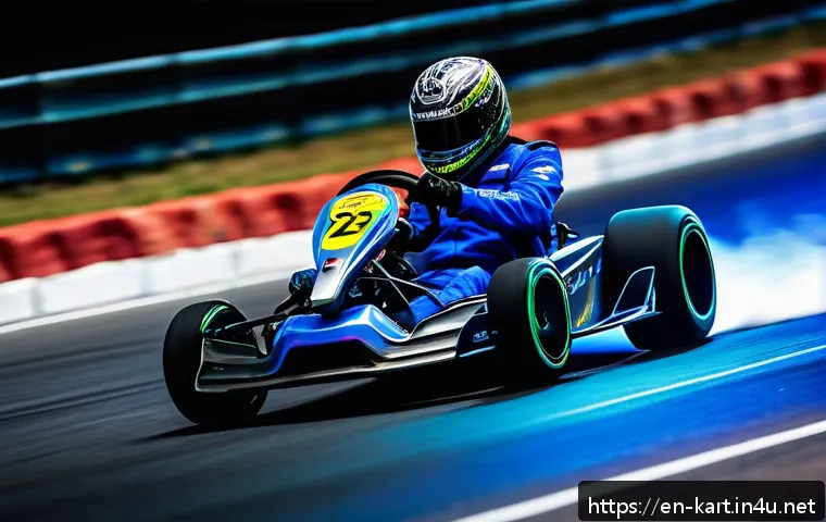 카트라이더 초보 유저의 드리프트 활용 비법 - A dynamic scene of a futuristic kart racing through a sharp hairpin turn on a vibrant, neon-lit trac...