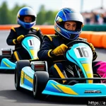 카트라이더 글로벌 출시 소식 - A vibrant, dynamic racing scene featuring futuristic karts on a colorful, winding track with sharp t...