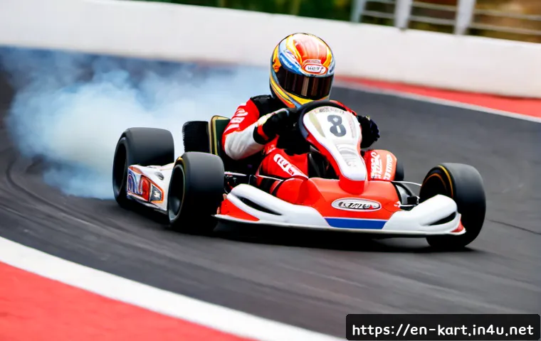 카트라이더 트랙 공략을 위한 주요 팁 - Photorealistic high-speed indoor go-kart racing scene, skilled driver in a full-face helmet and raci...