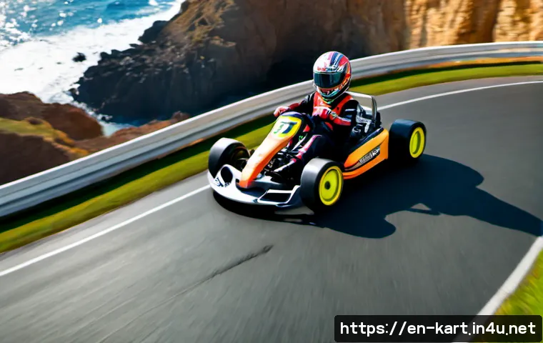 카트라이더 신규 트랙 활용법 - Photorealistic cinematic scene of a colorful go-kart racer entering a newly opened coastal race trac...