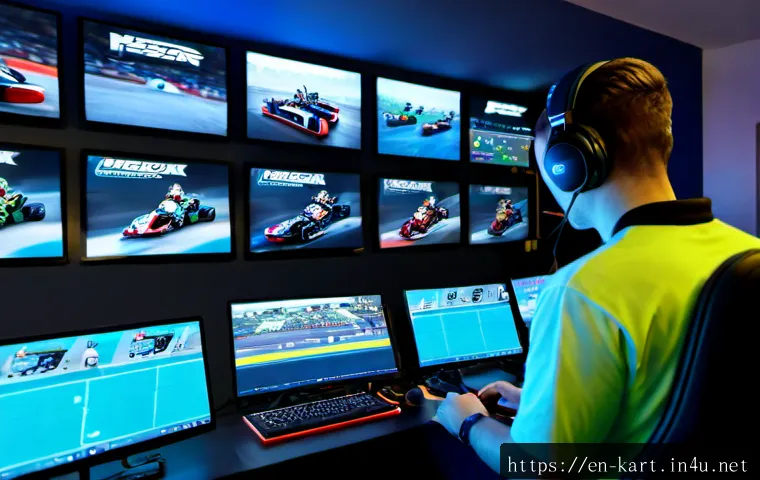 카트라이더 공식 리그 업데이트 - Photorealistic esports broadcast control room during an official arcade kart racing league update, f...