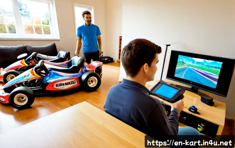 카트라이더 초보자 코칭 프로그램 - Photorealistic home racing-game coaching session, a friendly adult mentor seated beside a young adul...