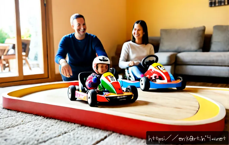 카트라이더 이색 플레이법 - Photorealistic tabletop mini-kart race in a bright family living room, four colorful unbranded minia...
