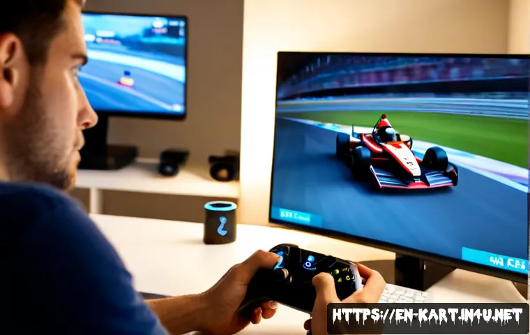 카트라이더 공식 채널 소식 - Photorealistic home gaming desk in a modern American apartment, an adult player viewing a bright sma...