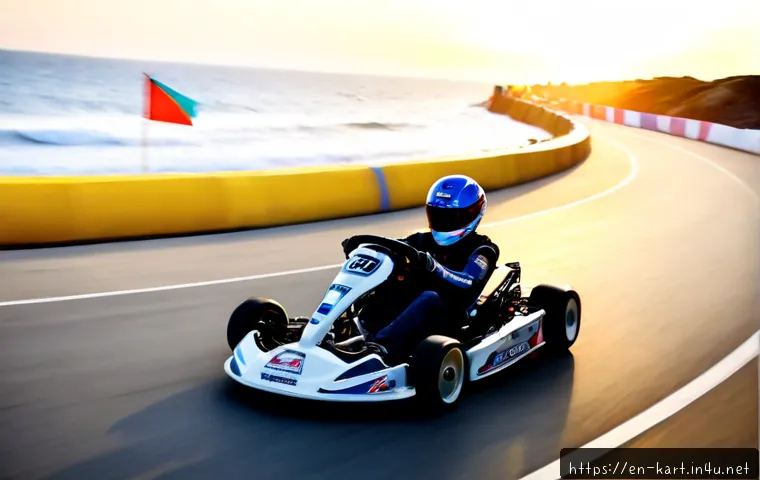 카트라이더 신규 트랙 모음 - Photorealistic high-energy go-kart racing scene on a newly designed coastal boardwalk track, a sleek...