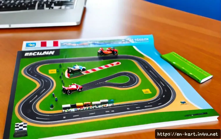 카트라이더 공식 가이드북 내용 - Photorealistic tabletop scene of an open, text-free racing game guidebook beside a detailed miniatur...