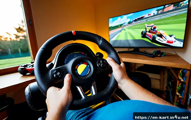 카트라이더 초보자를 위한 아이템전 기술 - Photorealistic family-friendly kart racing game setup for beginners, a focused adult player holding ...