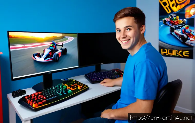 카트라이더 팬아트 대회의 유저 반응 - Photorealistic cozy gaming desk scene, a diverse young adult smiling with surprise while viewing col...