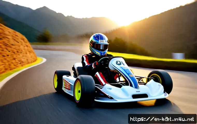 Home 30 카트라이더 전설 트랙 공략법 - Photorealistic competitive go-kart racer wearing a full-face helmet and racing suit, expertly drifti...