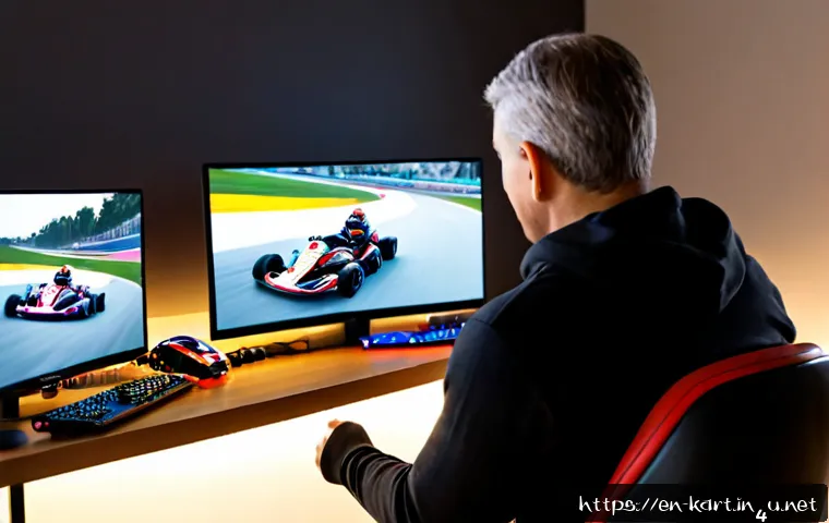 Home 17 카트라이더 트랙별 카트 추천법 - Photorealistic home gaming setup showing a racing game selection scene, a middle-aged player viewed ...