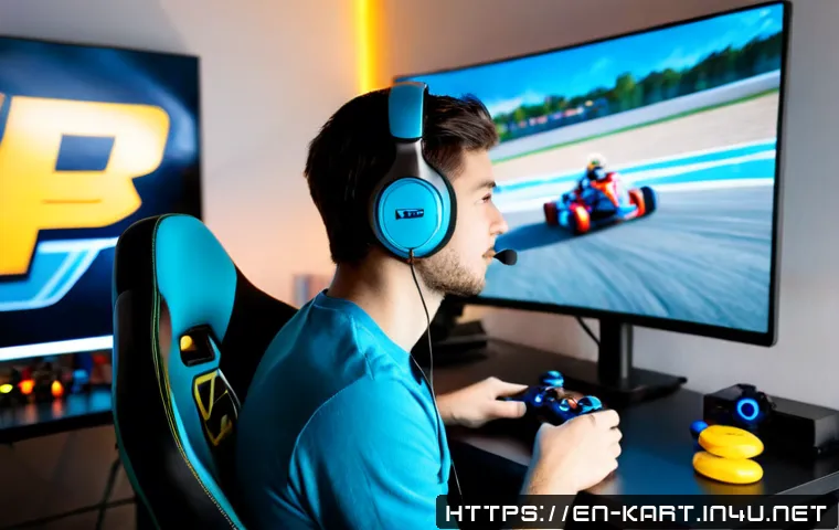 카트라이더 인기 스트리머의 비법 - Photorealistic esports streamer in a bright modern home studio, focused adult gamer wearing a headse...