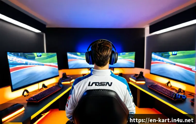 Home 17 카트라이더 글로벌 대회 준비 - Photorealistic esports training room for a global kart racing championship, diverse young adult comp...