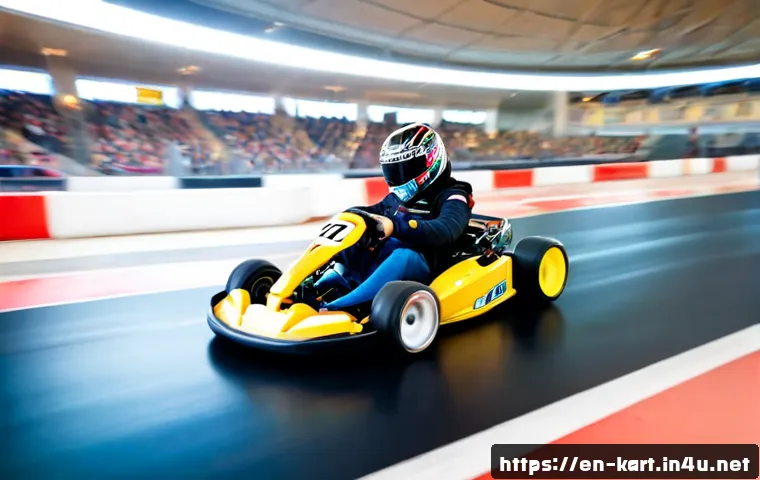 카트라이더 스피드전 고수 전략 - Photorealistic competitive arcade kart racing scene, a skilled adult driver in a full-face helmet ex...